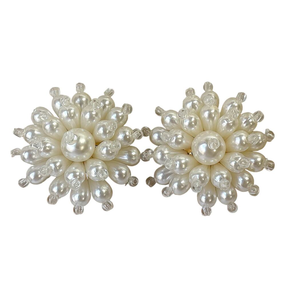 1990s Faux Pearl & Clear Lucite Beads Oversized  Flower Clip Earrings
